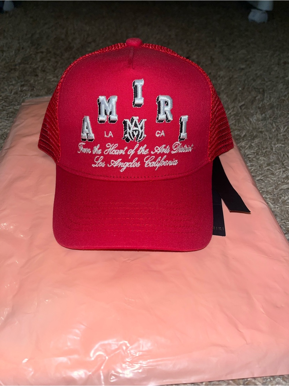 AMIRI Red Mesh Trucker Hat with Black Patch